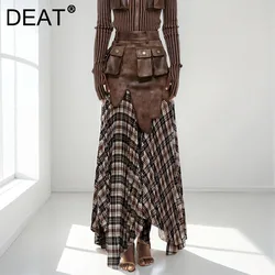 DEAT Women's Pu Leather Patchwork Skirt Multiple Pockets Irregular Pleated Plaid Long Skirts 2024 New Fashion Autumn 29L9007