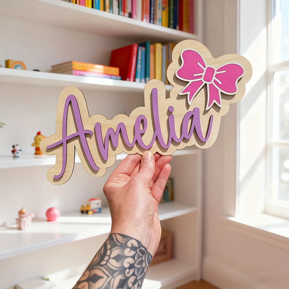 Personalized Baby Girl Nursery Name Sign - Custom Cursive/Block Letters Wood Door Hanger with Bow - Wood Baby Name Tag & Nursery