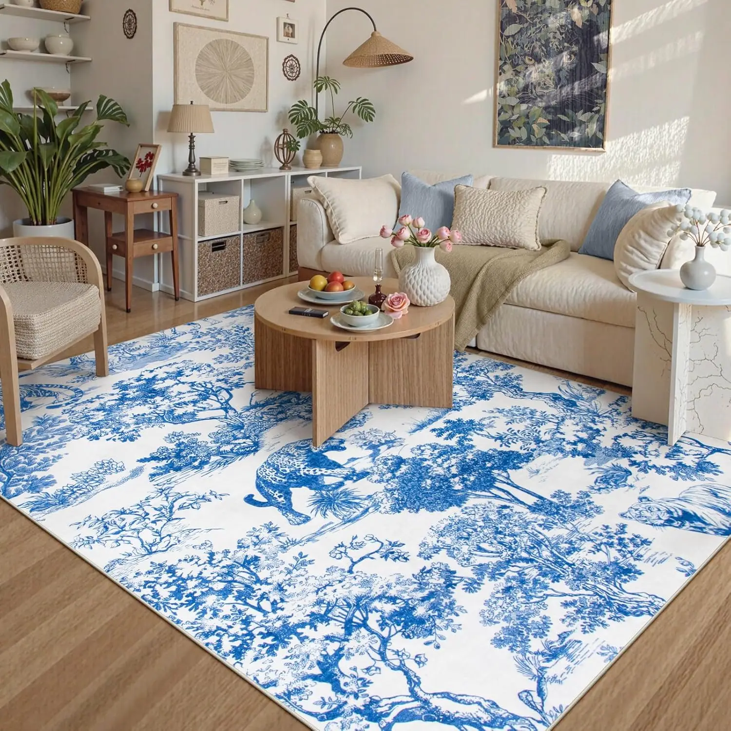 Wild Animal Print Rug Ideal for Themed Party Apartment Decor,Vintage Botanical Jungle with Playful Tiger Lion,Plush Soft Machine
