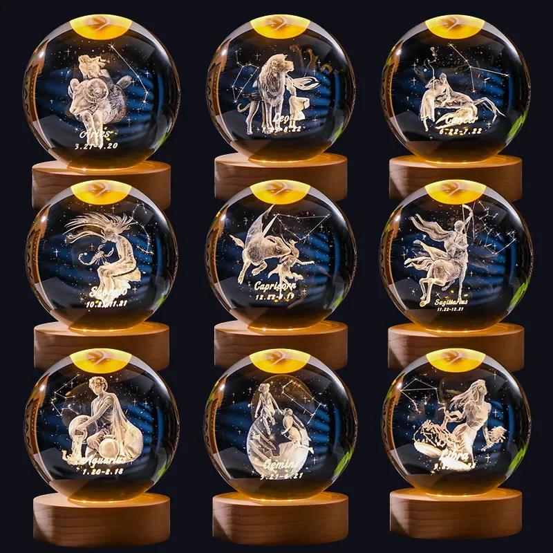 12 Constellation Crystal Ball with LED Lighting Sphere Stand Holder Laser Engraving Glass Ball Birthday Gift Souvenir