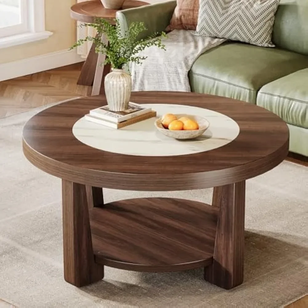 

Coffee Table, 2-Tier Round Coffee Table with Heavy-Duty Wood Tabletop for Living Room, Industrial Circle Wood Accent CeTable
