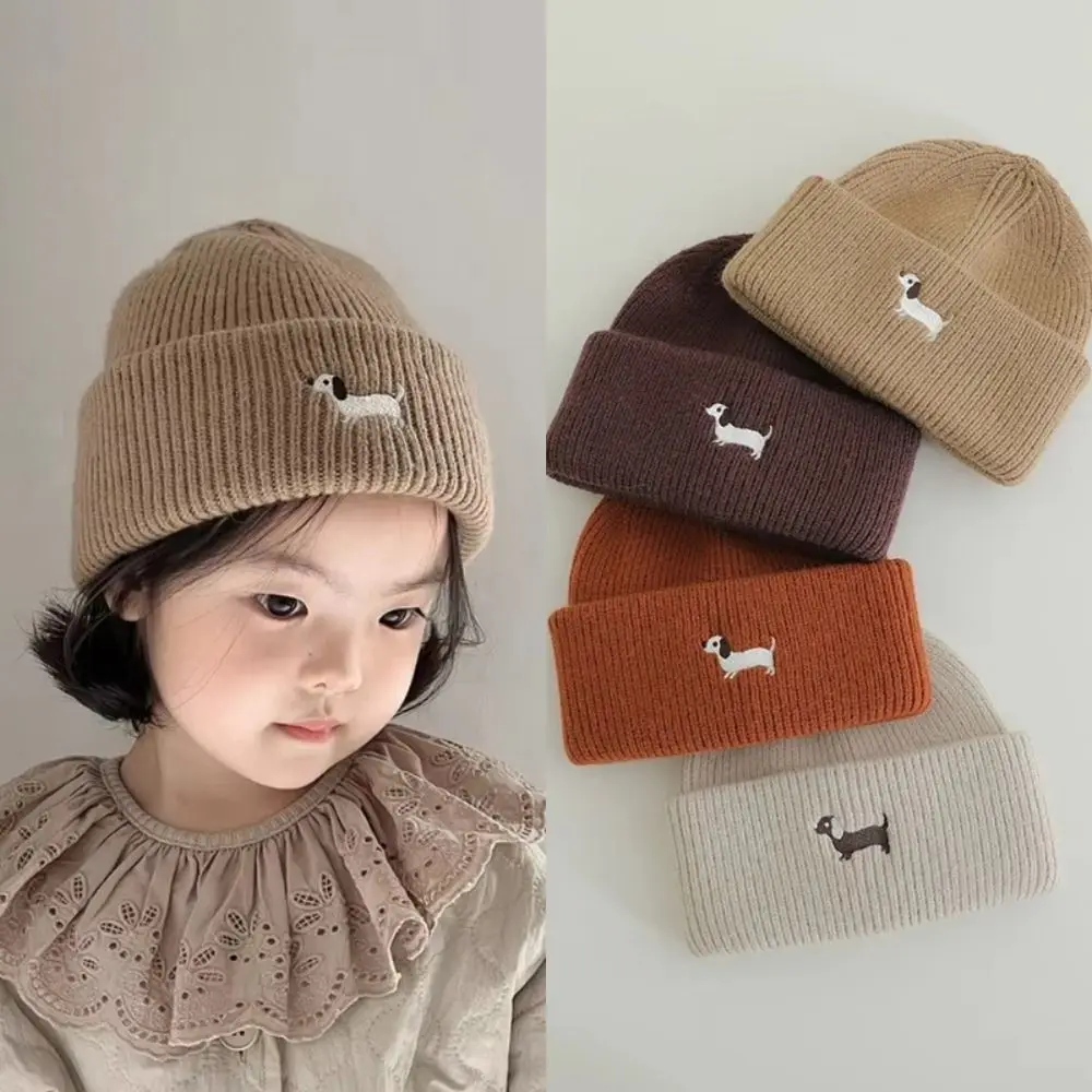 

New Cartoon Puppy Winter Hat Embroidered Knitted Warm Pullover Cap Solid Color Thickened Infant Toddler Beanie Boys Girls