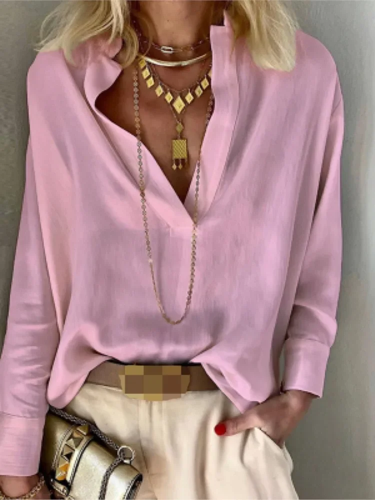 

Women's Long Sleeved Cotton And Linen Shirt New Autumn Solid Color V Neck Loose Pullover Shirt Sleeve Ladies's Blouse Top