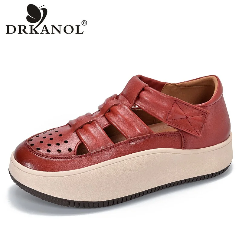 DRKANOL 2023 Women Chunky Shoes Summer Breathable Hollow Out Casual Sneakers Women New Design Genuine Leather Platform Shoes Red