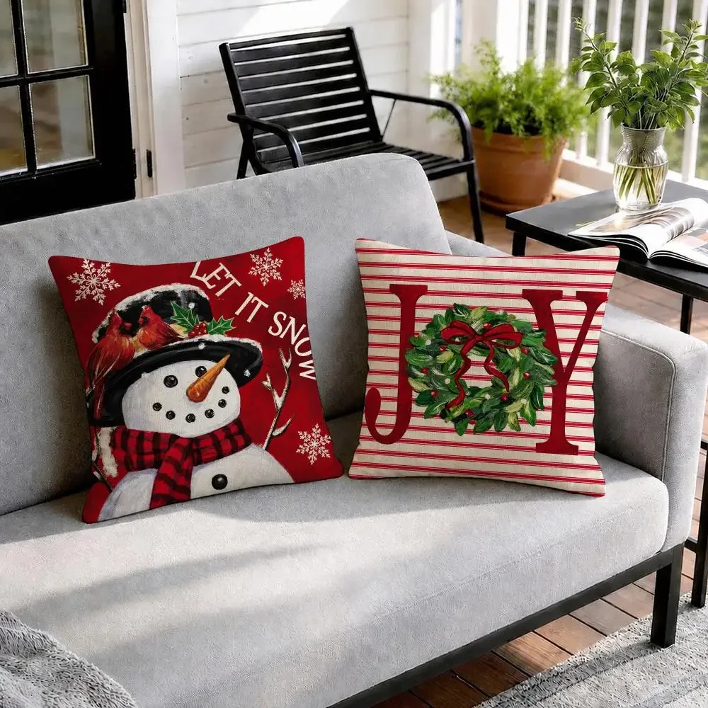 Snowman Wreath Christmas Paintings Natural Linen Cushion Cover Double-Sided Print Sofa Pillowcase Home Decor Gift