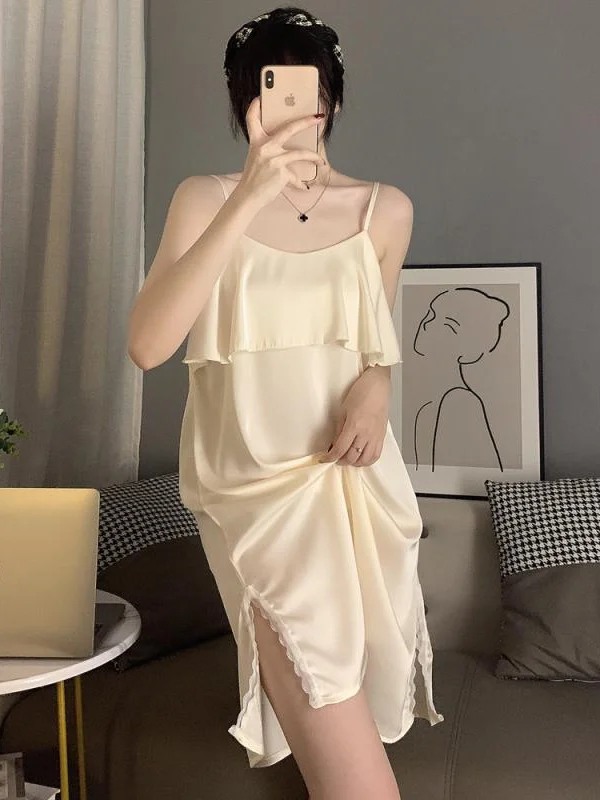

plus Size Ice Silk Backless Split Sleep Dress Women's Home Clothes Nightgown Strap Design Summer Thin Fabric round Neck Dress