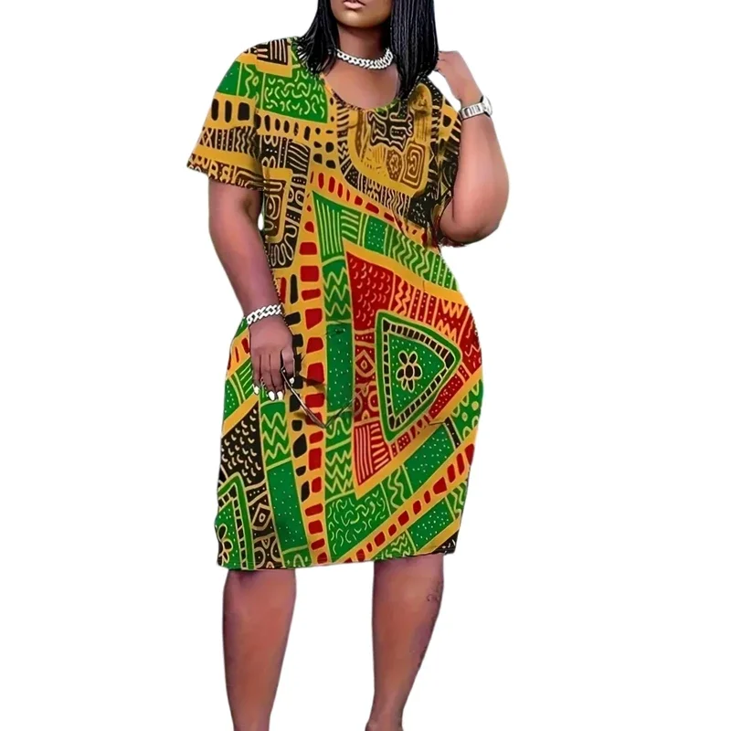 Plus Size 1XL-5XL Colorblock Geometric Print Slim Dress Damska sukienka na co dzień z krótkim rękawem na wiosnę i lato