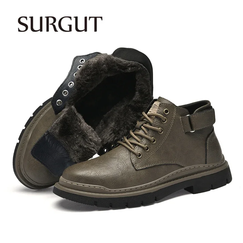 SURGUT New Casual Split Leather Shoes Men Brand Retro Autumn Winter Fur Waterproof 2024 Fashion Business Working Men Snow Boots