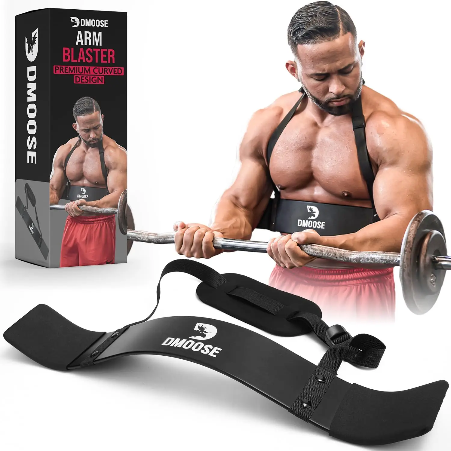 DMoose Fitness Arm Blaster for Biceps and Triceps - Heavy Duty Aluminum, Soft Neck Padding & Adjustable Straps - Bicep Curl Supp