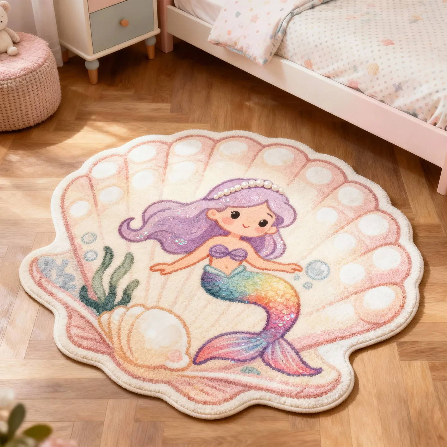 VIKAMA Shell-Shaped Mermaid Princess Rug Bedroom Play Area Decor Dreamy Healing Instagram-Worthy Ambiance Machine Washable