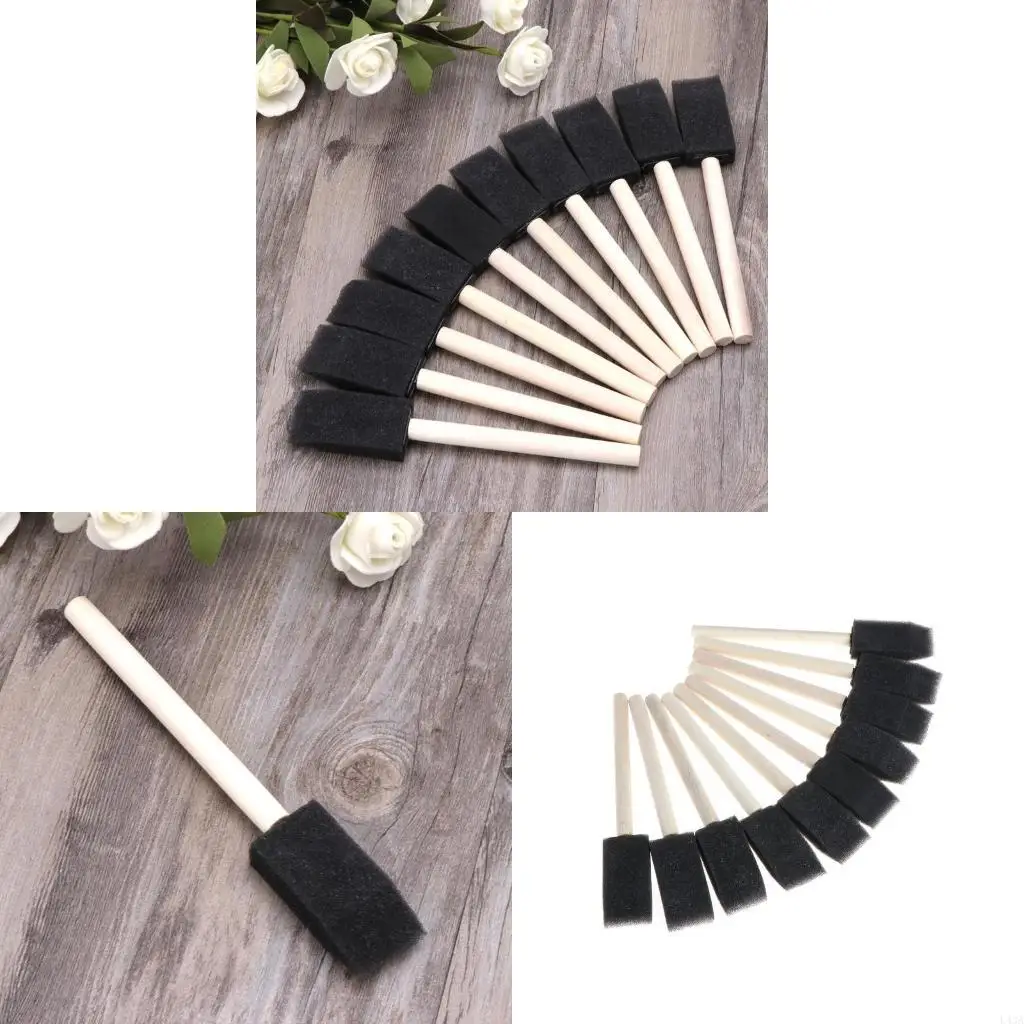 L43A 10Pcs Sponge Brush Wooden Handle Watercolor Oil Stain Art Craft Painting Drawing