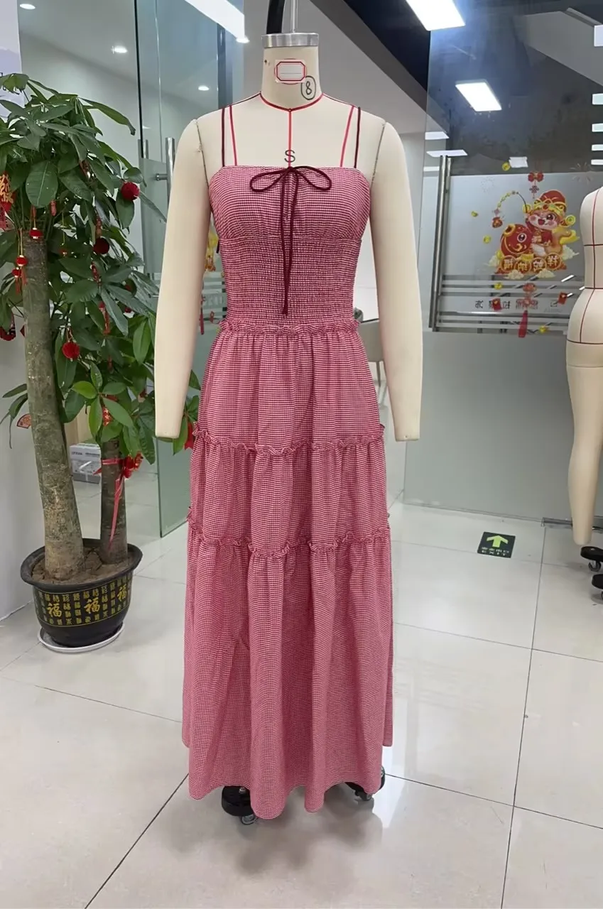 Women's Summer Long Cami Dress Sleeveless Open Back Tiered Striped Tie-up Strap Beach Dress