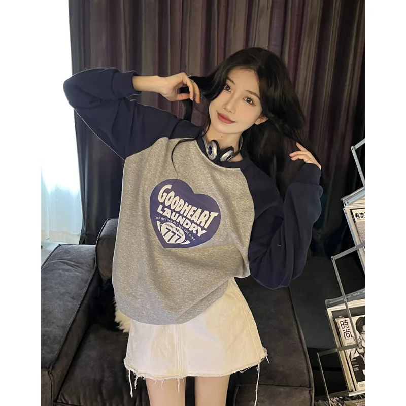 

Black Sweatshirt Women Fleece Thicken Round Neck Fashion Y2K Cartoon Printing Wind Long Sleeves 2024 Female Grey Pullover Top