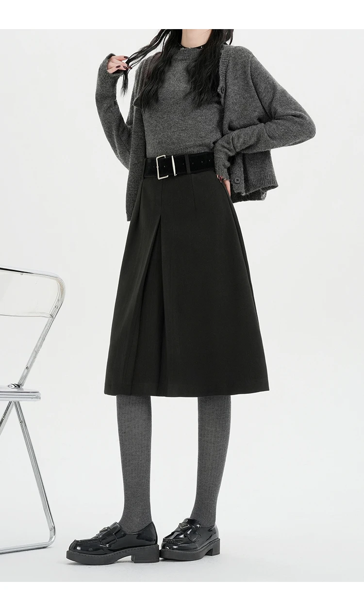 Hochgeschnittener Rock für Damen, Herbst/Winter 2026, Neuheit, Wollrock für Damen, Grau oder Schwarz, A-Linien-Rock für Damen mit Gürtel, Bestseller – Detail 11