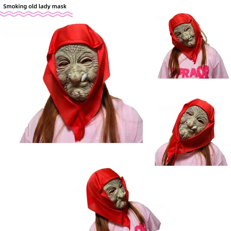مضحك التدخين الجدة هالوين زي حفلة الدعائم اللاتكس القديم نانا اللاتكس قناع سيدة الجدة مع التجاعيد الوجه وأقنعة وشاح أحمر