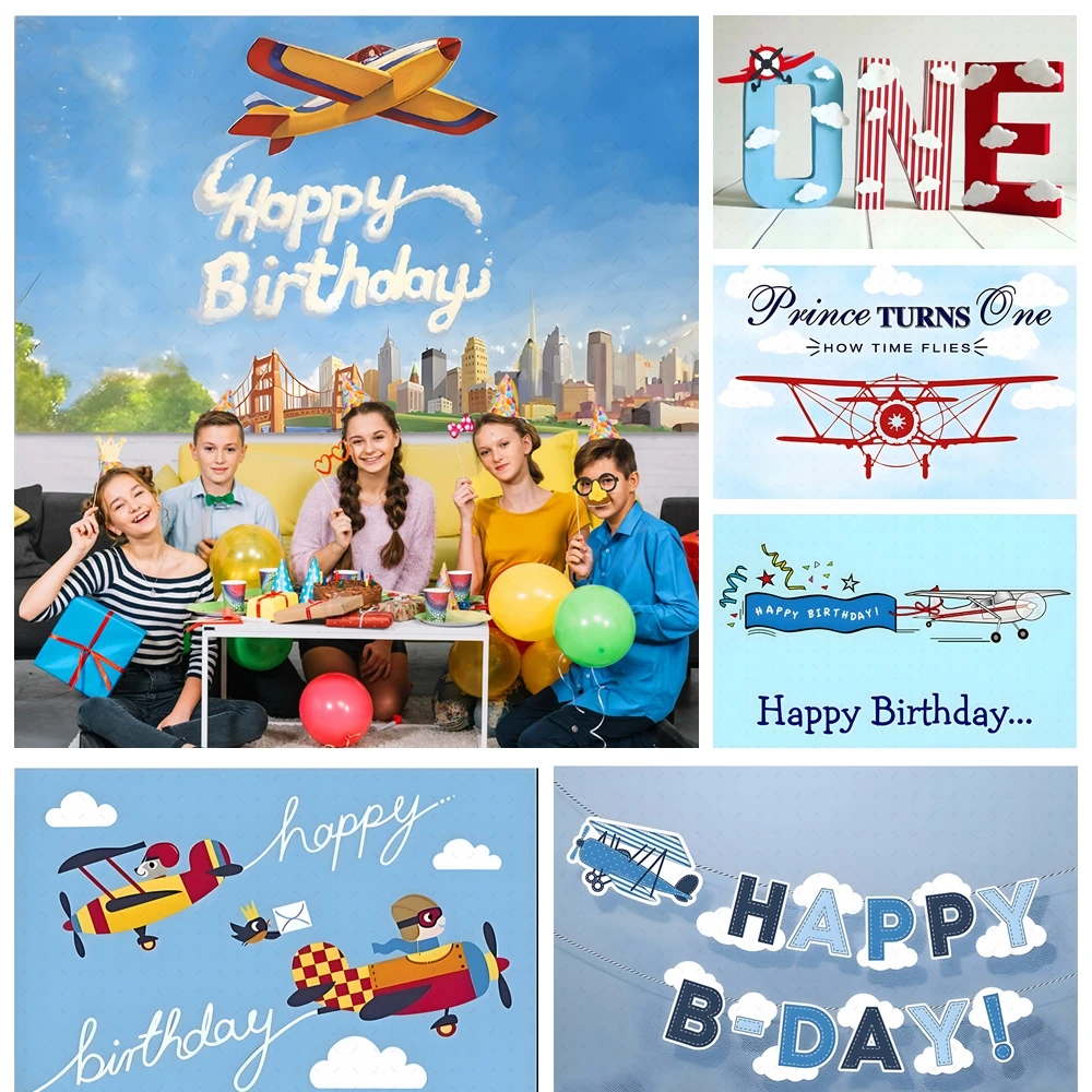 Airplane Clouds Newborn Birthday Banner Backdrop Custom Baby Shower Airplane Aviator Boys Photography Supplies Studio Background