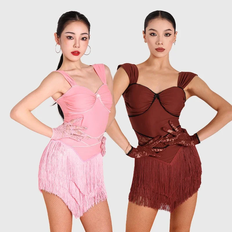

Women Latin Dance Clothing Adults Chacha Latin Dance Competition Costume Pink Red Sleeveless Latin Top Tassels Skirt