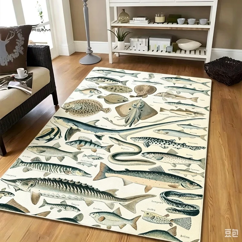 Vintage Marine Fish Species Print Large Floor Rug,Retro Biology Illustration Home Carpet for Living Room Indoor Household Decor
