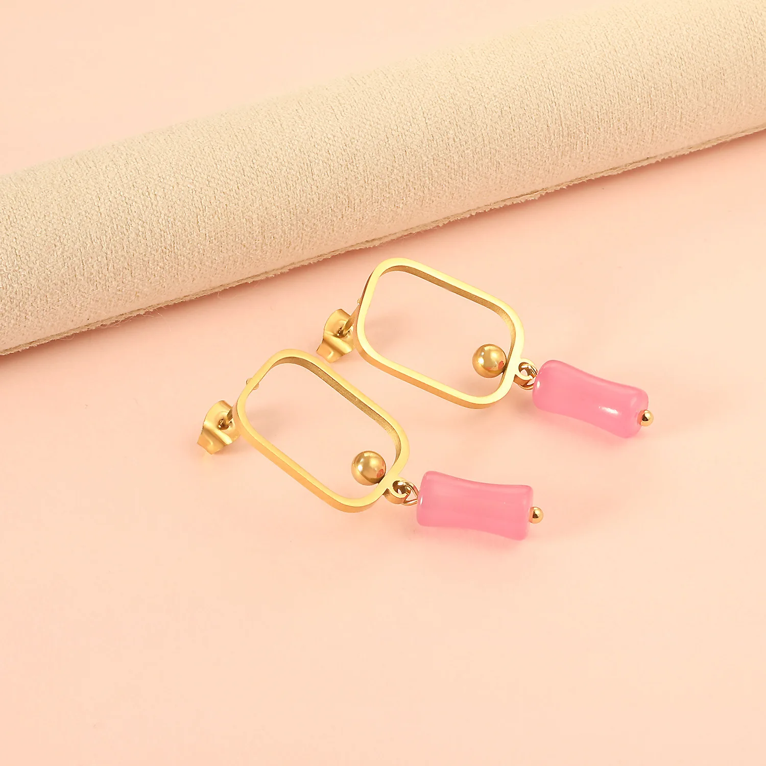 Matte Hollow Rounded Square Frame Pink Jade Bamboo Drop Clip On Earrings 316 Stainless Steel Gold No Piercing Girly Fresh Long D