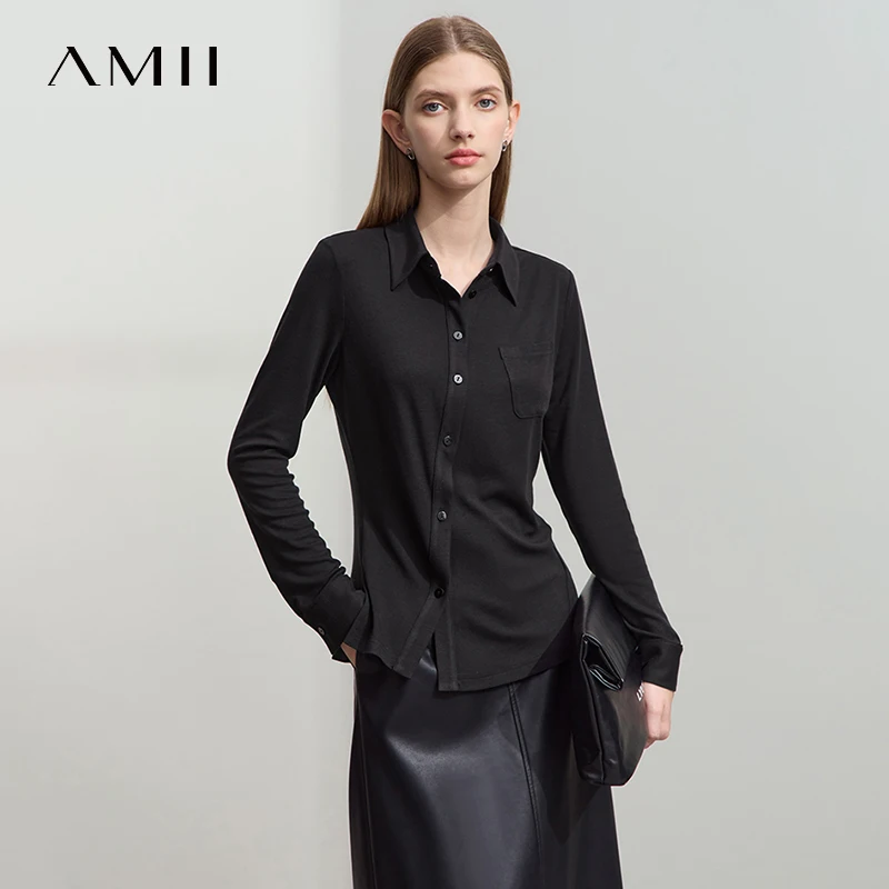 

AMII Women's Shirt 2025 New Autumn Long Sleeve Commuter Slim Blouses Placket Button Solid Versatile Knit Tops for Woman 12511002