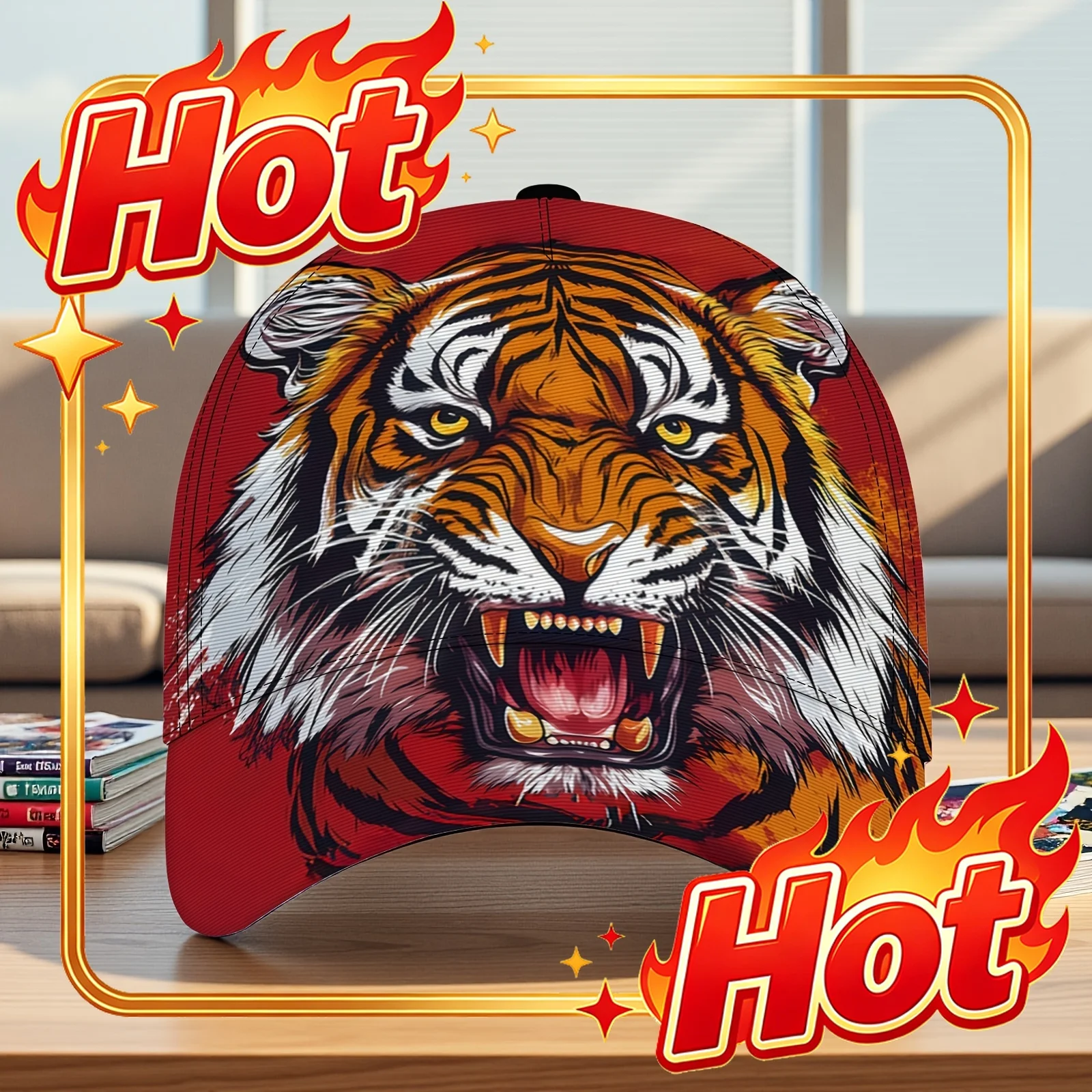 Custom 1pc Red Background Roaring Tiger Baseball Cap Unisex Lightweight Versatile Baseball Cap, Street & Outdoor, Breathable