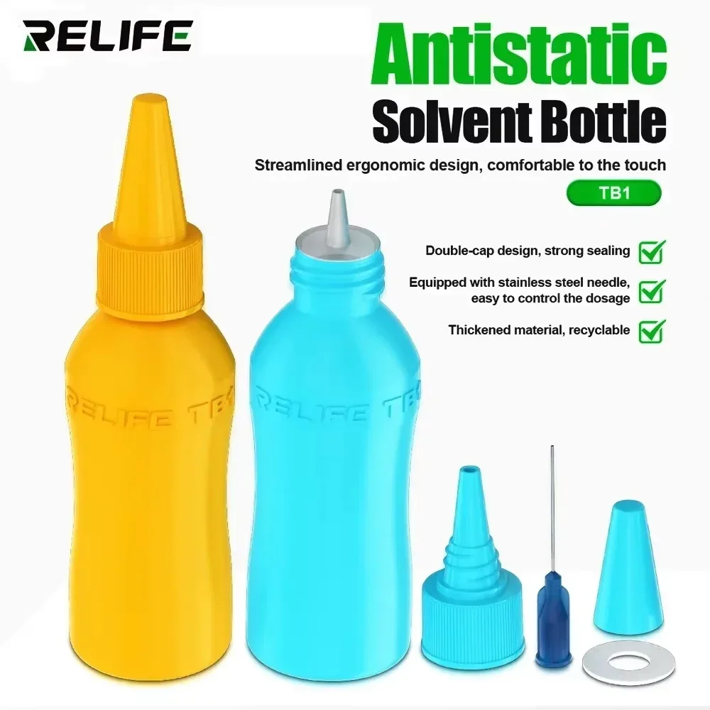 RELIFE TB1 50ml Solvent Bottle Double Capped Empty Alcohol Bottle Welding Aid Distributor for Mobile Phone PCB Cleaning Pot Tool