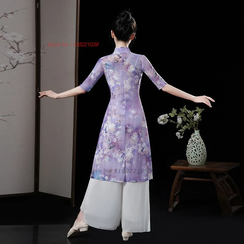 2024 chinese vintage dance dress national flower print mesh qipao dress+pants set festival folk dress stage performance qipao