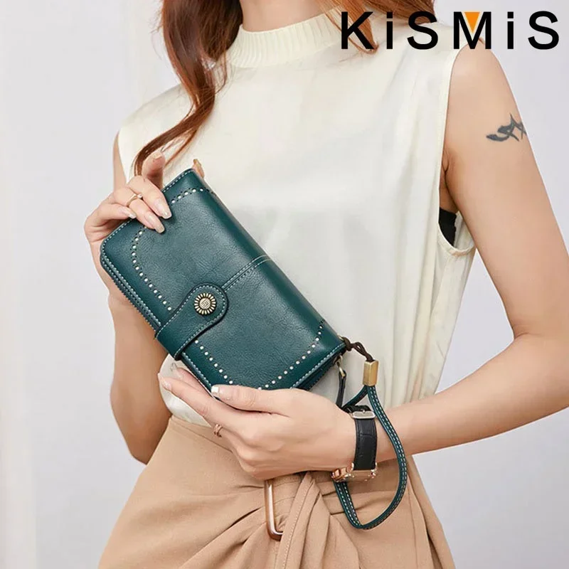 Vintage Women's Long Leather Purse Retro Natural Skin Zipper Coin Bag Card Holder Big Capacity Wallet for Girls