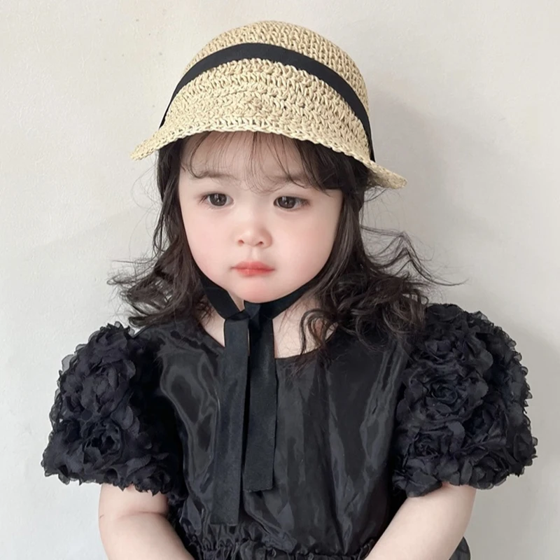 Children Girls Summer Woven Sunshade Hat Straw Cap Ribbon Outdoor Casual Big Brim Adjustable Hat Cute Children\'s Accessories