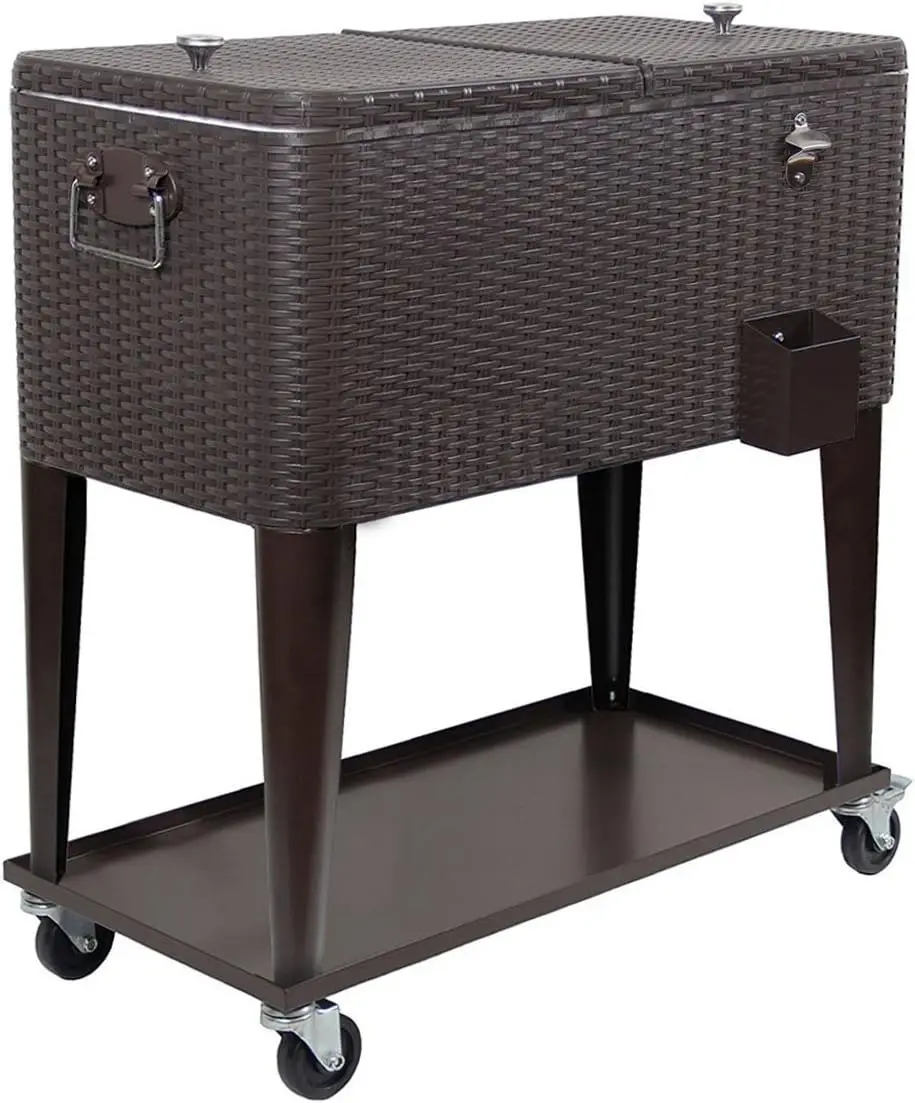 Imagem -05 - Rolling Cooler Ice Chest Cart para Pátio ao ar Livre Deck Party Vime Marrom Escuro Faux Rattan Tub Trolley Portátil qt 80 Quart