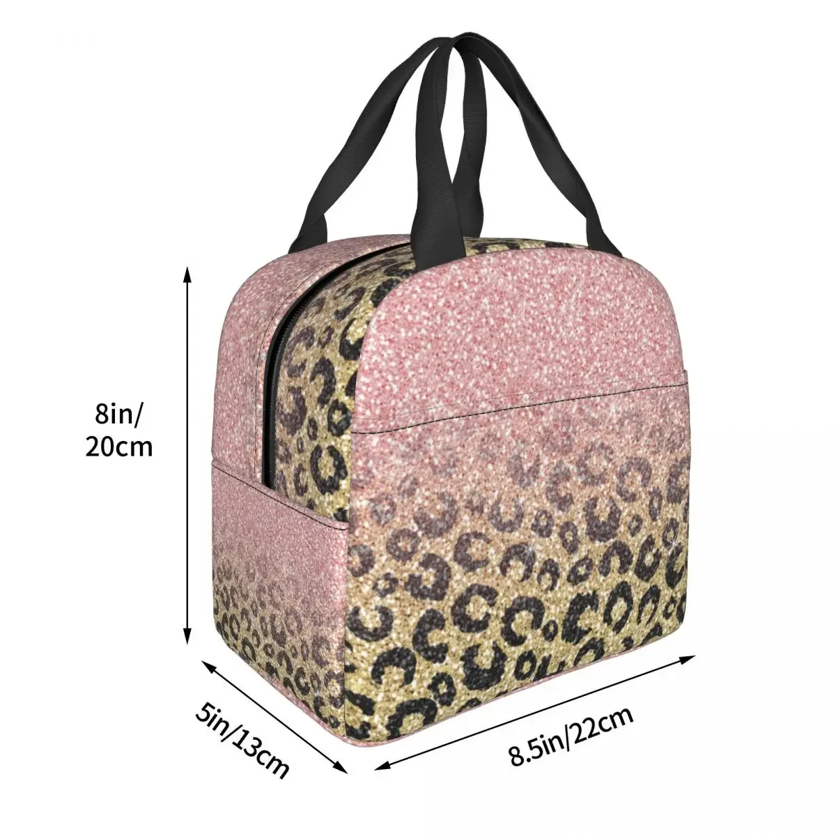 Rose Gold Glitter Black Leopard Lunch Bag Portable Insulated Oxford Cooler Bags Thermal Picnic Work Tote for Women Kids