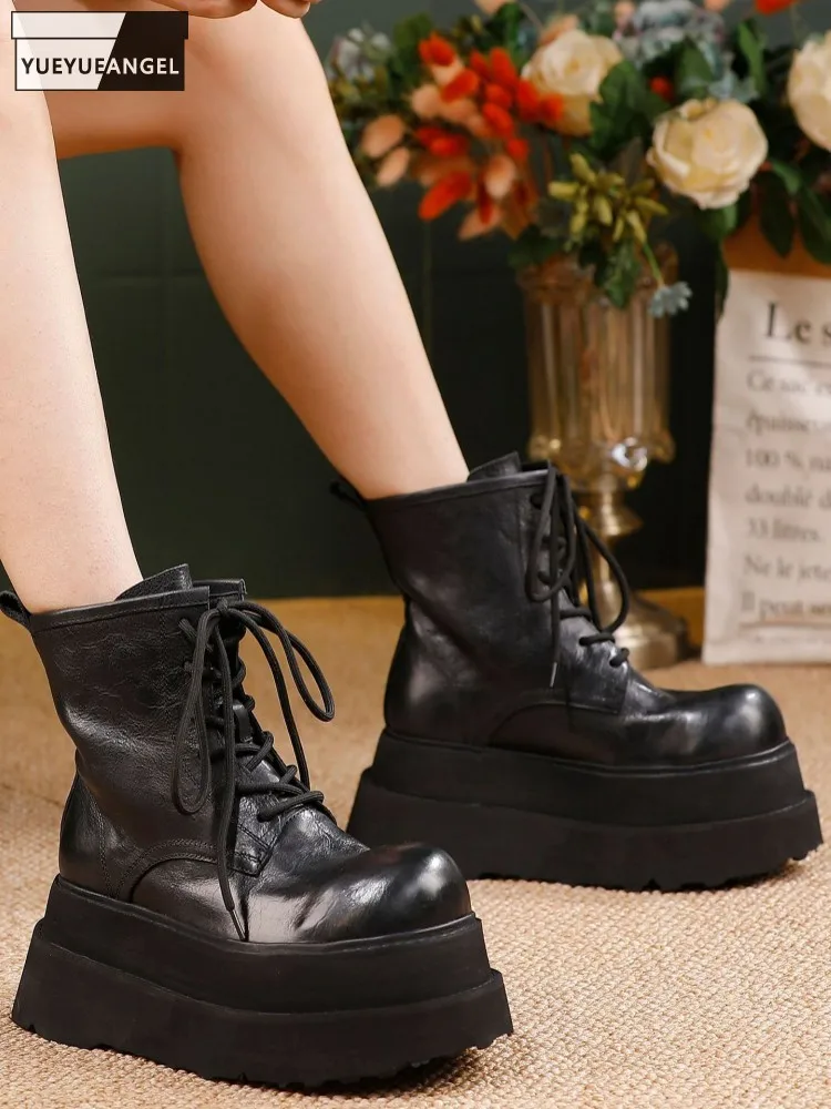 Fashion Versatile Women Elegant Handmade Cowhide Genuine Leather Comfortable High Heel Thick Platform Female Lace Up Ankle Boot