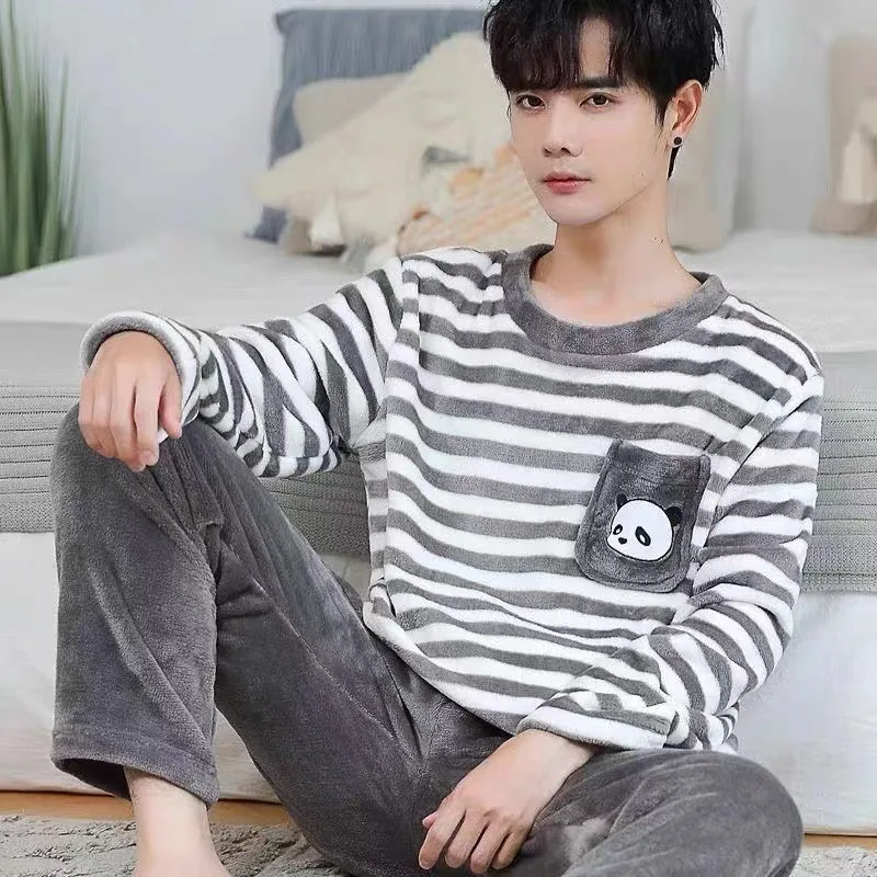 Winter Flannel Pajamas Men Korean Version of the Striped Padded Long-Sleeved Cartoon Nightwear Homewear Set Sleepwear Loungewear