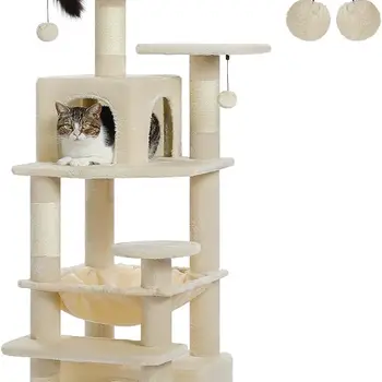 Cat Tree, 53.5 Inches Tall Cat Tower with Spacious Hammocks, Condos and Scratching Posts, Cat House with Dual Padded P