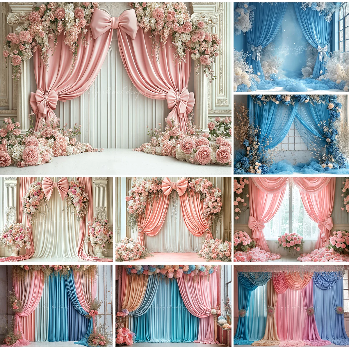 

Elegant Pink And White Vintage Wedding Backdrop With Pink Bow and Flowers Curtain Child Adult Studio Backgrounds