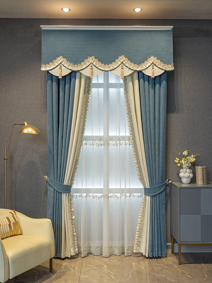 

Custom curtain High-end modern simple advanced living room blue chenille cloth blackout curtain tulle valance drape C1522