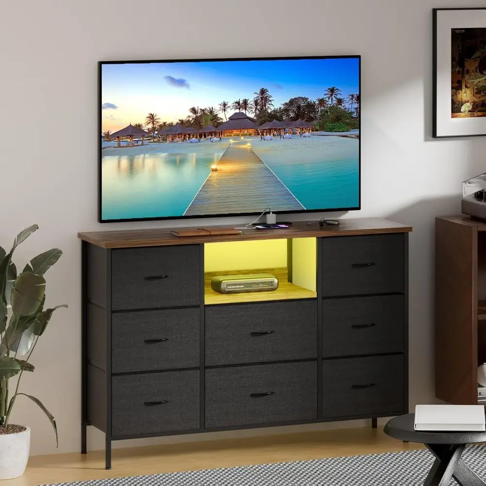 

Black Drer with LED Lights & Power Outlets, Drer TV Stand with 8 Ders or 55" TV, abric Chest o Ders or Bedroom, Living Room
