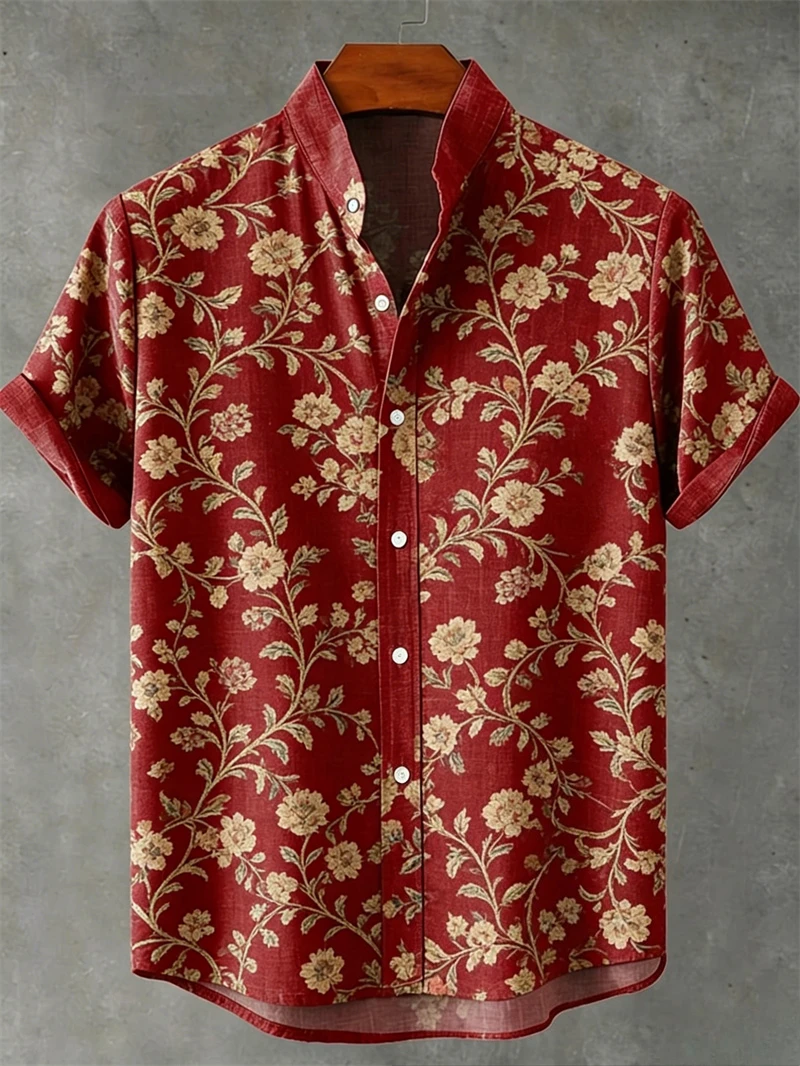 Men's new short-sleeved shirt, European-style plant print shirt, Hawaiian-style casual vacation men's clothing