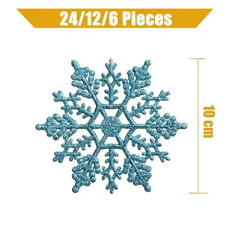 Pack Of 24/12/6 Pieces Snowflakes For Christmas Tree Decoration Blue Snowflakes With Bright Powder Winter New Year Hanging Decor