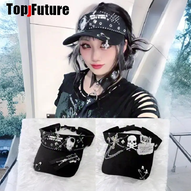 DIY Handmade Skull Cross Chain Decor Subculture Dark Gothic Punk Sun Visor Empty Top Cap Y2K Grunge Harajuku Emo Alt Street