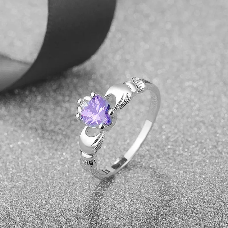 Heart Lab Amethyst Claddagh Ring 10KT White Gold Filled Engagement Wedding Rings for Women Anniversary Jewelry Gift