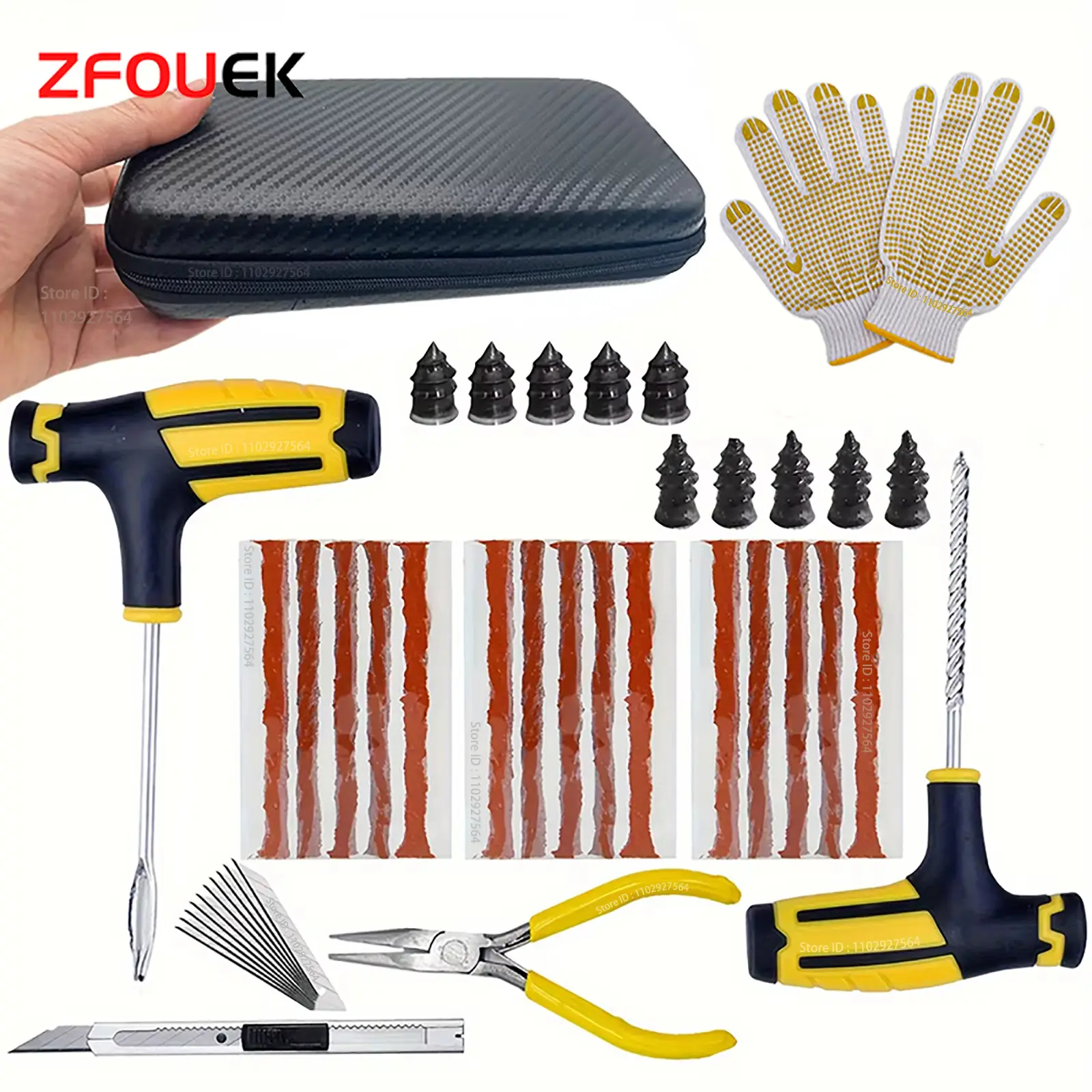 Zfuouek kit de reparo de pneus de carro, ferramentas de plugue de punção, emergência para tiras de pneus, kit de ferramentas de reparo de cola de agitação