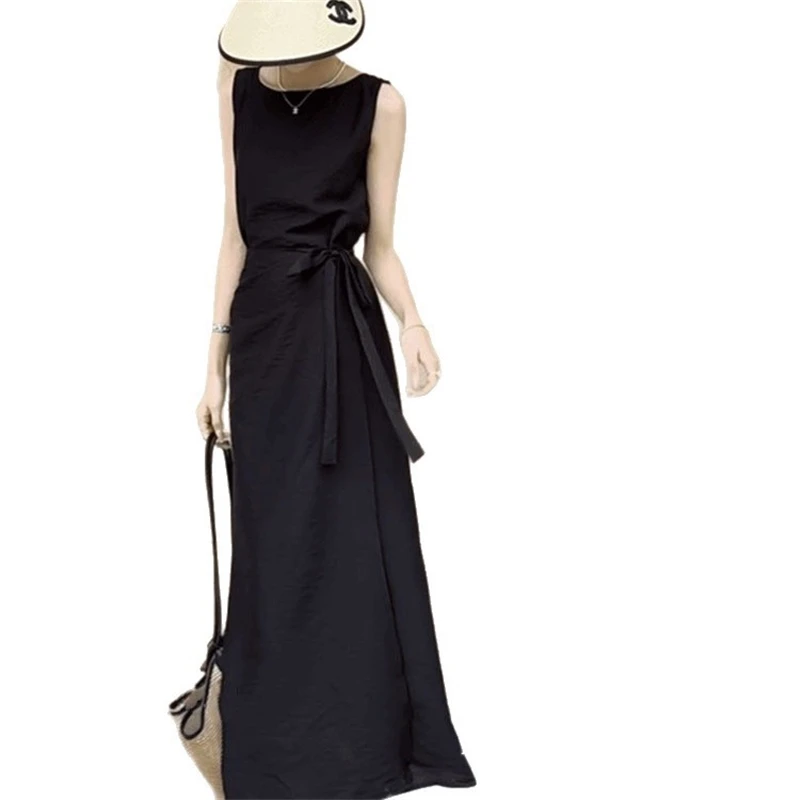 Robe de thé français pour femmes, sans manches, coupe droite, chemise blanche, gilet, décontractée, élégante, mi-longue, été, 2025