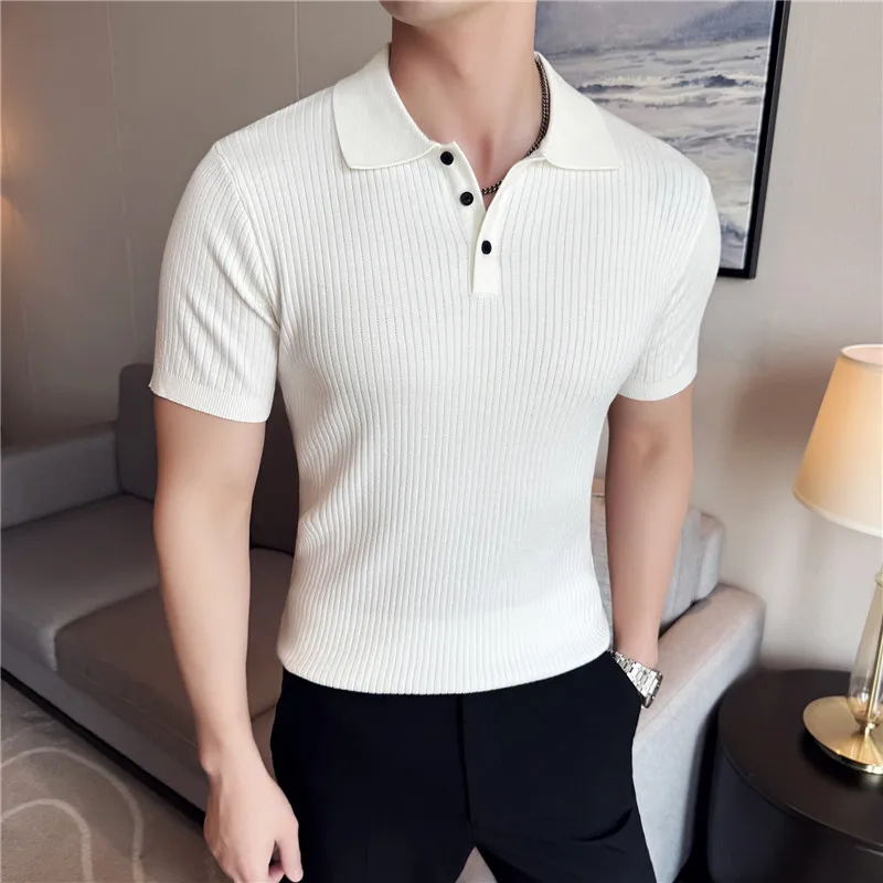 High Stretch Men Striped Knitted Polo Shirt Short Sleeved Summer Light and Thin Slim Fit Top Solid Casual T-shirt Men Clothing