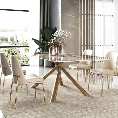 bv-Modern Luxury Stainless Trestle Dining Table Sintered Stone Top Rectangle Living Room Kitchen Entry Hotel Apartment Use·