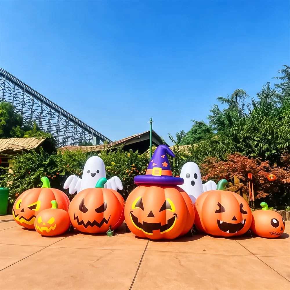 Custom Giant Inflatable Halloween Pumpkin Set with Witch Hat and Ghost Waterproof PVC Fabric for Outdoor Party Decoration