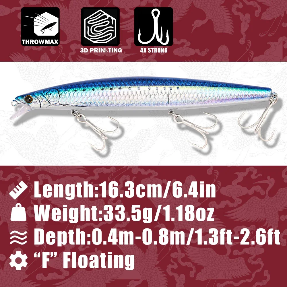B&U 163mm/33.5g Floating Long Casting Sea Fishing Minnow Lure, Hard Bait with Treble Hooks, Saltwater Lures for SeaBass