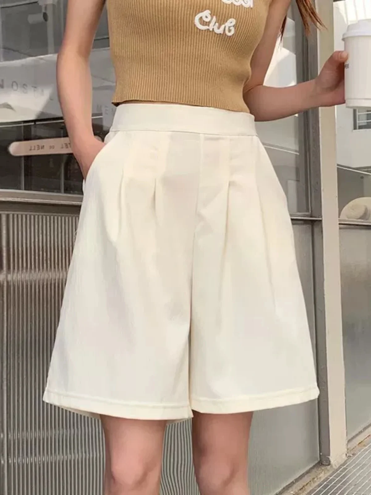 Hoge taille gedrapeerde casual orts voor dames Street Sle Spor Vrije tijd Hoge taille Eenvoudig ontwerp Gesplitste rechte pijpen ort broek