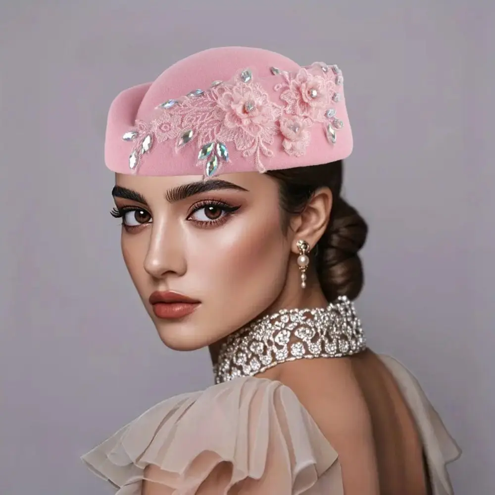 Uniform Stewardess Hat Vintage Topper Hat Rhinestone Flower Felt Beret Solid Color Lace Pillbox Hat Live Show