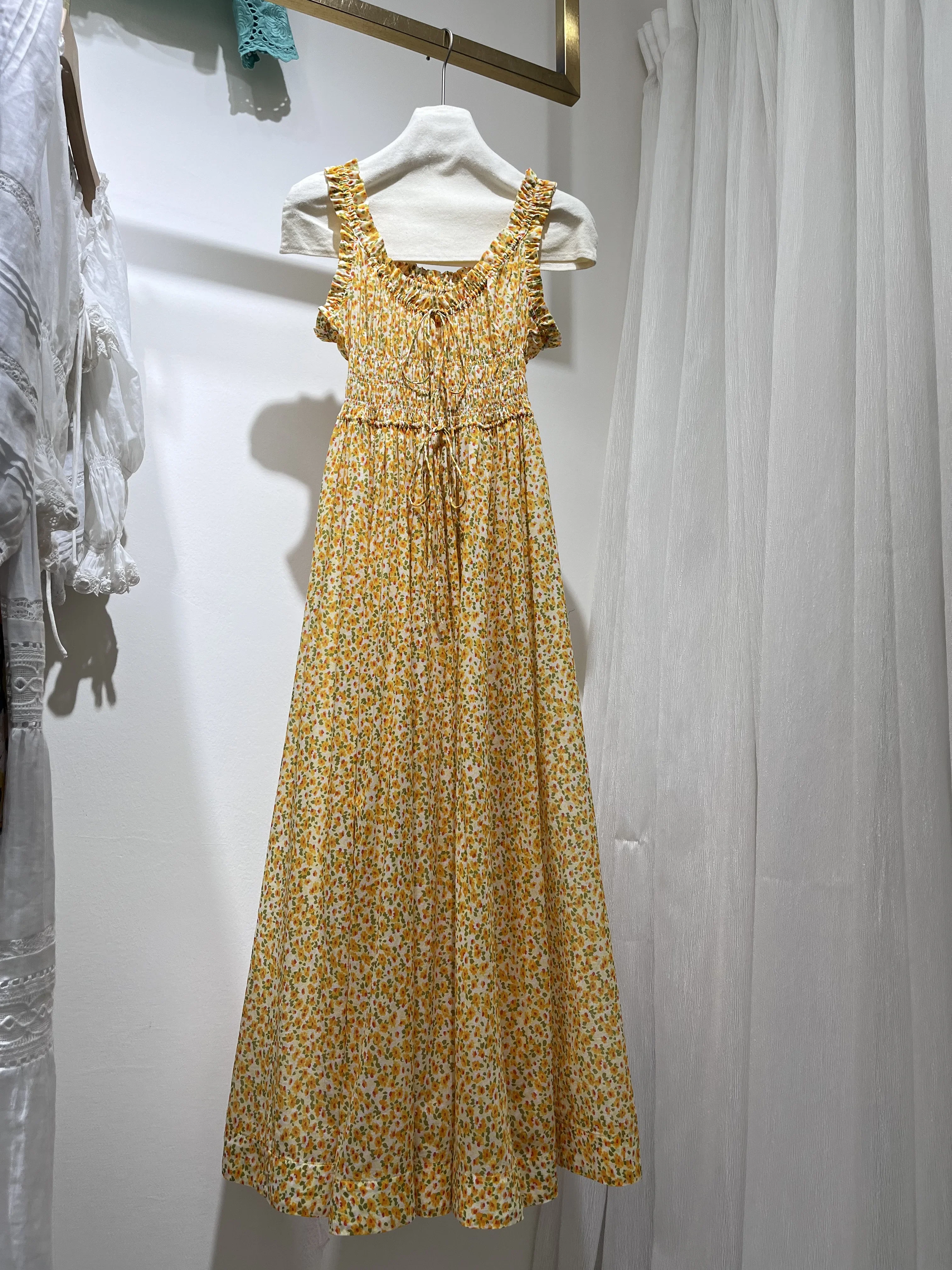 Abito lungo da donna in cotone con stampa floreale 2025 Nuovo abito da donna vintage senza maniche con elastico in vita smock